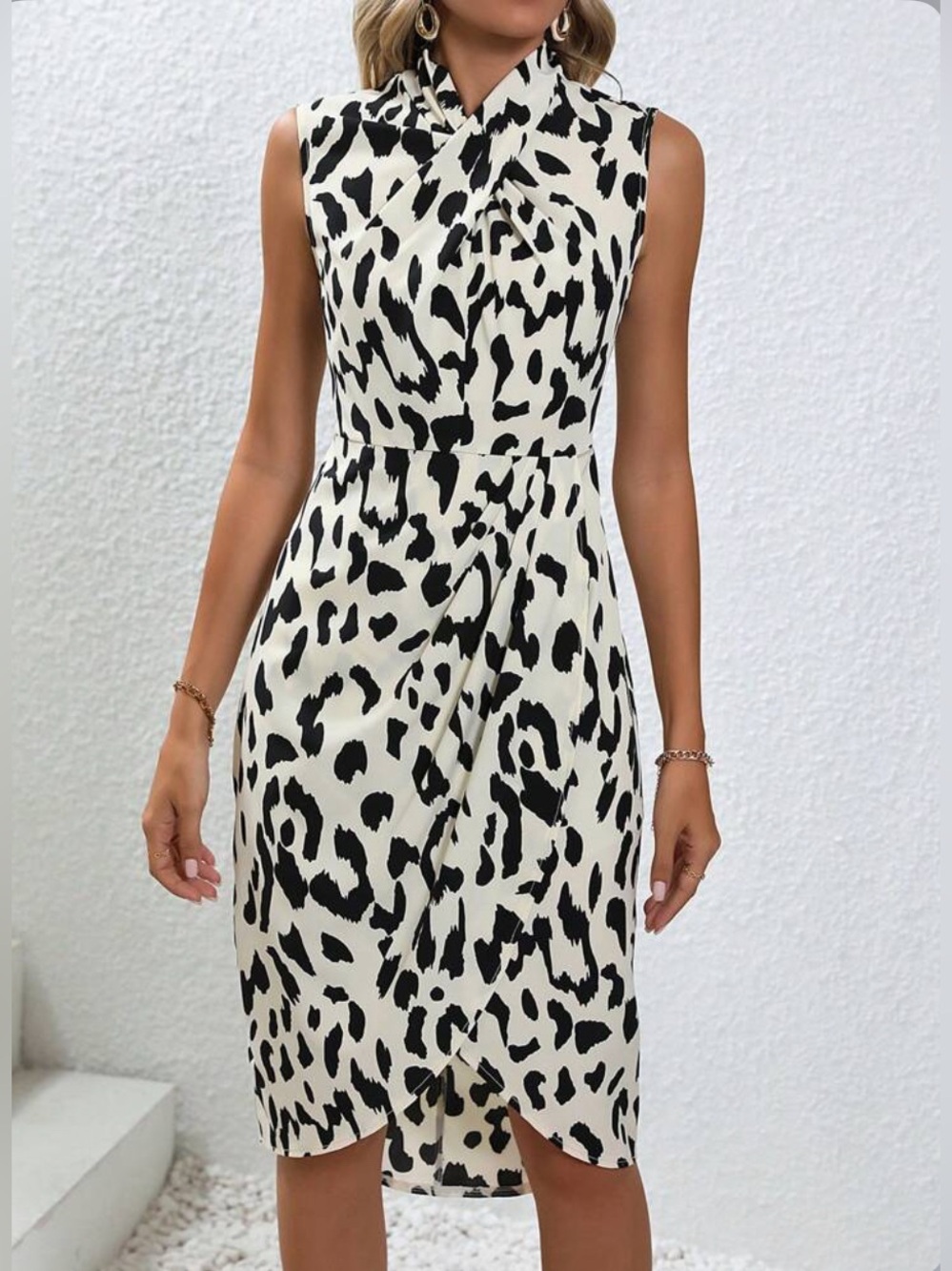 Animal print cross neck faux wrap midi dress size medium